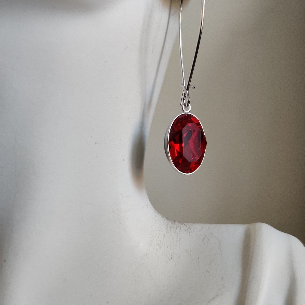 Signed Swarovski Swan Logo Red Crystal Drop Earrings